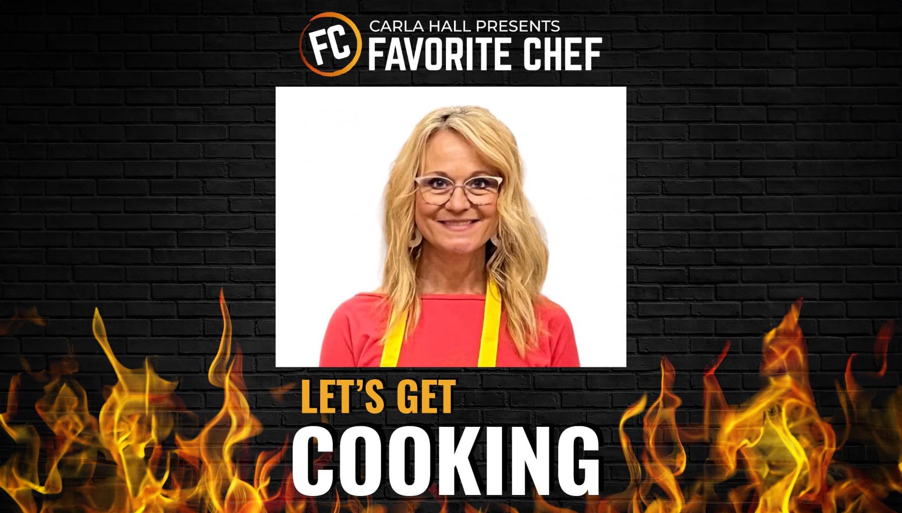Type ready "Carla Hall Presents 'Favorite Chef' with portrait of a woman and more text that reads "Let's Get Cooking"